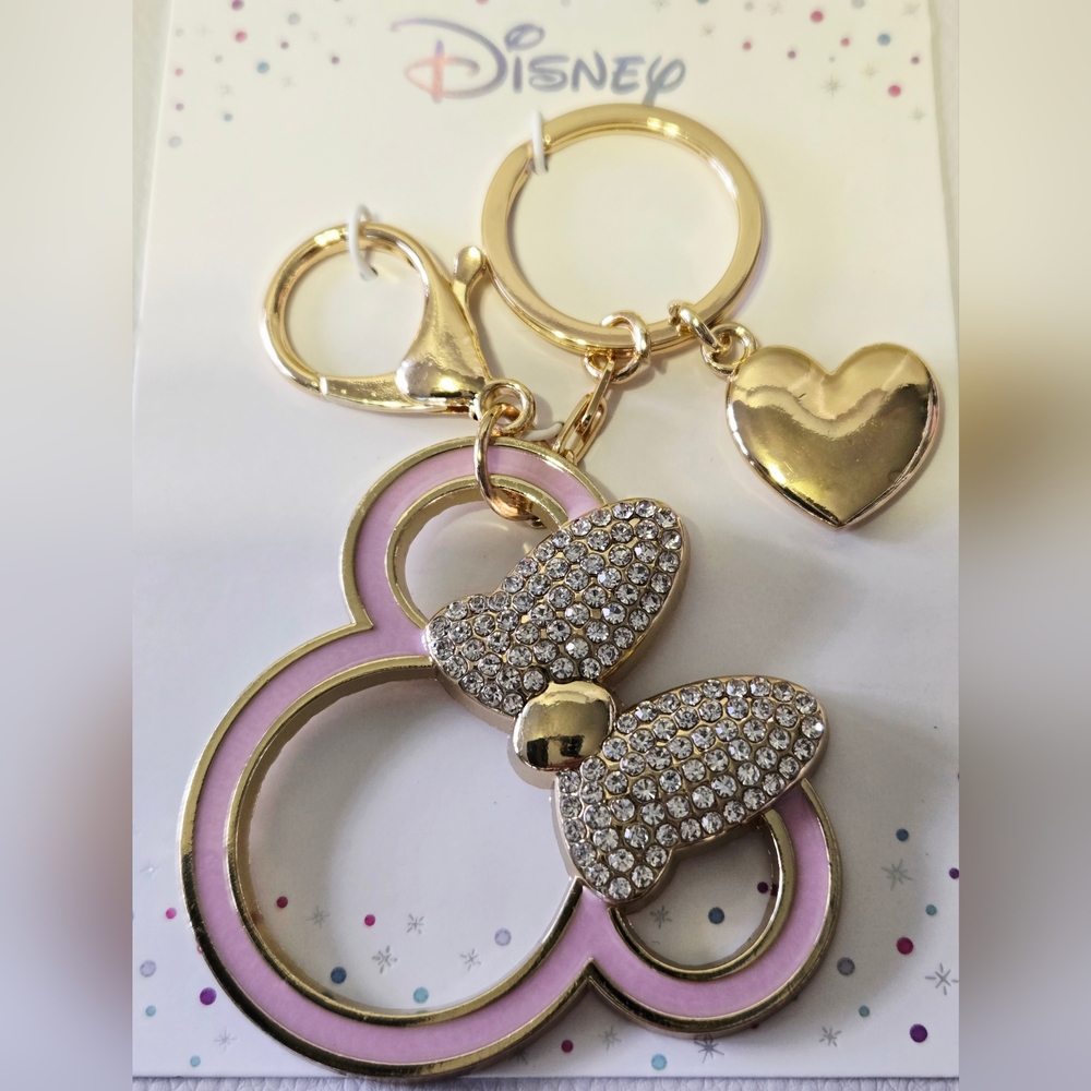 NEW Disney Gold and Pink Bag Charm with Heart And Rhinestones 4 inches - Picture 2 of 2